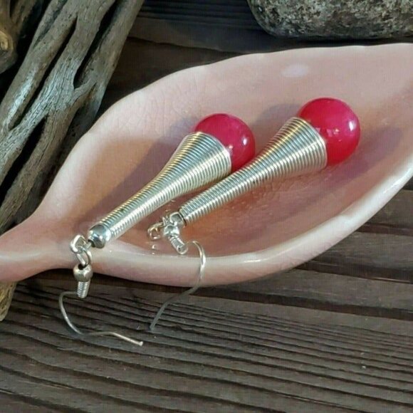 Avant Garde Magenta Malaysia Jade Silver Plated New Wave Dangle Earrings - Picture 6 of 7